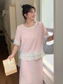 Dazy Plus 2 pezzi/set top e gonna con scollo rotondo, balza sul fondo e colore a contrasto