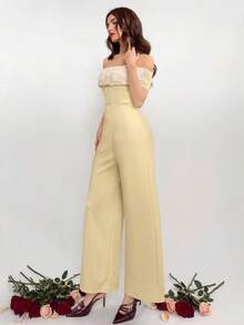 Aloruh Women's Elegant 3D Floral Decor Off Shoulder Wide Leg Jumpsuit - Apricot - View 6