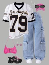 SHEIN ChillGRL Tween Girl Family Matching Vintage Sports Team Numeral Stripe V-Neck Black Trim Oversized Casual T-Shirt For Girls,Holiday,Summer,Travel