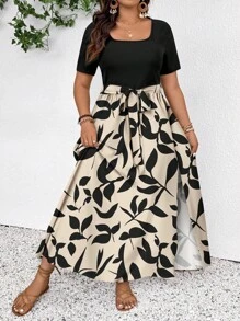 SHEIN Frenchy Plus Size Simple Color Block & Leaf Print Dress, Suitable For Summer - Beige - View 1