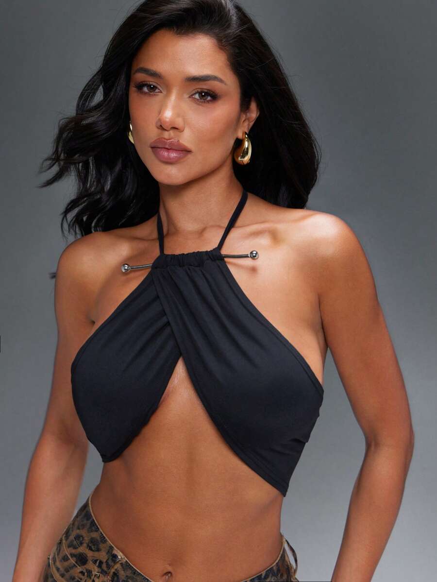 Denimoi 露背垂坠吊带上衣，带金属条细节，短款上衣，性感上衣，露背，低背，外出俱乐部约会夜，夏季风格，音乐会