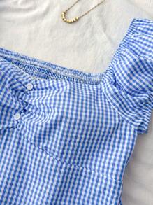 SHEIN Blusa azul y blanca con volantes y línea A a cuadros en estilo retro, casual tipo universitario
