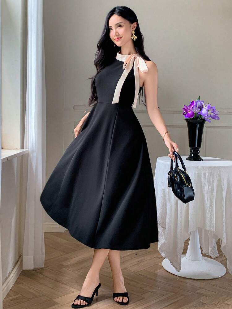 Summer New Neck Tie Waist Midi Dress, Sleeveless Black Dress For Women,Formal Women Dresses Cocktail Dress