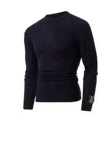 RueChic Men Solid Casual Crew Neck Patched Regular Sweater - Navy Blue - View 2