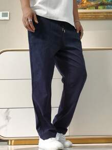 Manfinity Homme Men Casual Simple Solid Drawstring Waist Pants, Fall - Navy Blue - View 4