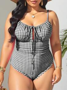 SHEIN Swim Curve 大码女式格子系带度假连体泳衣 - 黑色 - 查看 3