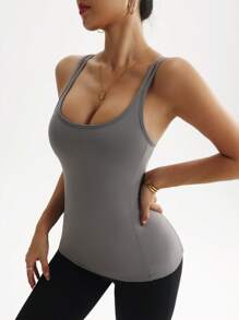 女式纯色后背交叉设计休闲健身运动背心 - 灰色 - 查看 6