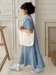 Dazy Kids Tween Girl Denim Dress, Short Sleeve, Turn-Down Collar, For Summer, Back To School Clothes