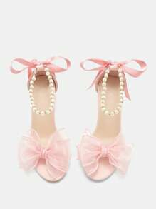 女士新款凉鞋，粉色高跟凉鞋，加大码洛丽塔风格可爱蝴蝶结串珠珍珠链丝带系带粗跟圆头凉鞋 - 粉色 - 查看 9