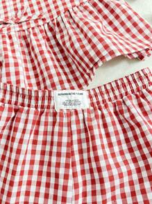 SHEIN 2pcs/Set Tween Girl Loose Plaid Puff Sleeve Bowknot Shirt And Casual Shorts, Suitable For Spring/Summer, Daily Wear, Outdoor, Spring Trip, Back To School
