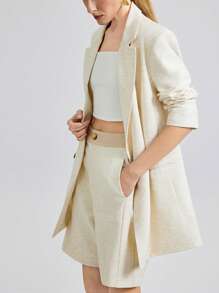 Ontre 2 件套女士 2025 纯色双排扣西装外套和短裤套装 - 杏色 - 查看 1