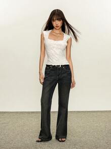 Rina Fox Sexy Sheer Jacquard Square Neck Bow Decor Tight Fitted Women T-Shirt - White - View 2