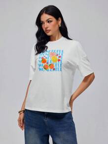 Roylia 夏季女士休闲度假水果字母印花宽松圆领短袖T恤 - 白色 - 查看 6