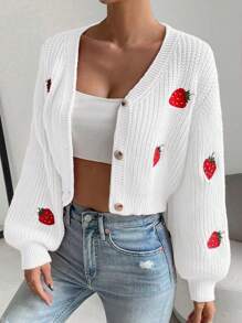Chiquease Strawberry Applique Front Button V-Neck Casual Long Sleeve Cardigan Fall Winter Cloth For Women - White - View 1
