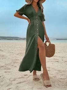 EURMUSE Vestido de mujer en unicolor con ribete de volante y botones delanteros - Verde militar - Ver 5