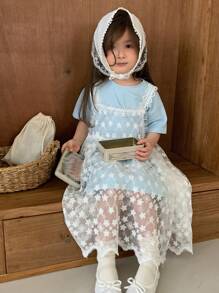 DAZY 2pcs/Set Young Girl Round Neck Casual Solid Color Short Sleeve T-Shirt And Net Mesh Dress, Girls Summer Outfits - Blue - View 7