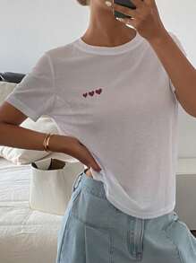 DAZY 女士心形印花宽松休闲短袖上衣/T恤，夏季 - 白色 - 查看 4
