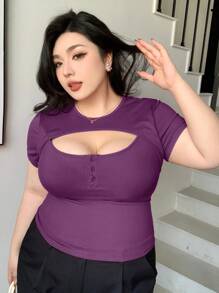Dazy Plus Plus Elastic Fitted Hollow-Out Crew Neck Short Sleeve T-Shirt, Chinese New Year, Spring/Summer