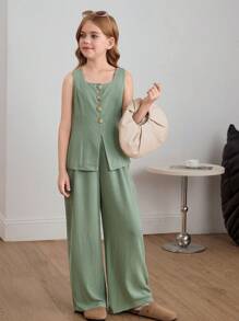 SHEIN Nova Glow Tween Girls Casual Stylish Solid Color Square Neck Sleeveless Top With Straight Leg Pants 2-Piece Set