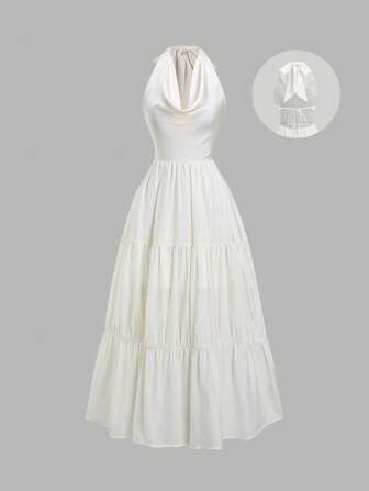 Sweetra 法式度假风系带露肩长款荷叶边收腰连衣裙女装复古优雅韵味