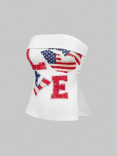 Grunge Punk Concert Women Flag & Lips Print Strapless Crop Top