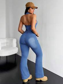 SHEIN EZwear 女式渐变色拉链前挂脖无袖牛仔连体裤