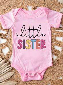 SHEIN Playful Pals 女婴休闲彩色字母标语印花连体衣，简约夏季风格 - 粉色 - 查看 3