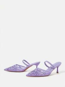 CUCCOO HITCHD Women's Pointed Toe Pearl Embroidery Lace High Heel Mules, Elegant Romantic Light Purple Mesh Dress Shoes, Bridal, Bridesmaid Shoes, Suitable For Afternoon Tea, Dating, Party, Wedding, Banquet