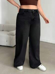 EURMUSE 100%Cotton Women's Plus Size Black Straight Leg Jeans - Dark Grey - View 5