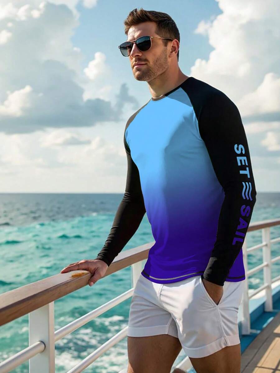 Manfinity Swimmode Camiseta con gráfico de surf para hombres, moda para el verano, pantalones cortos de baño para hombres, camiseta de protección solar plus para hombres, de verano, estampado hawaiano