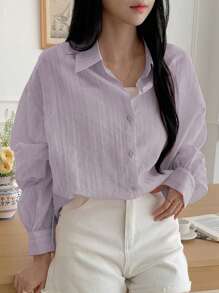 DAZY Women's Casual Business Style Loose Fit Solid Color Long Sleeve Collared Blouse