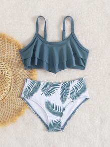 SHEIN 2 pièces/Set Top de maillot de bain noir minimaliste pour jeunes filles et bas de maillot de bain avec impression aléatoire d'arbres de noix de coco