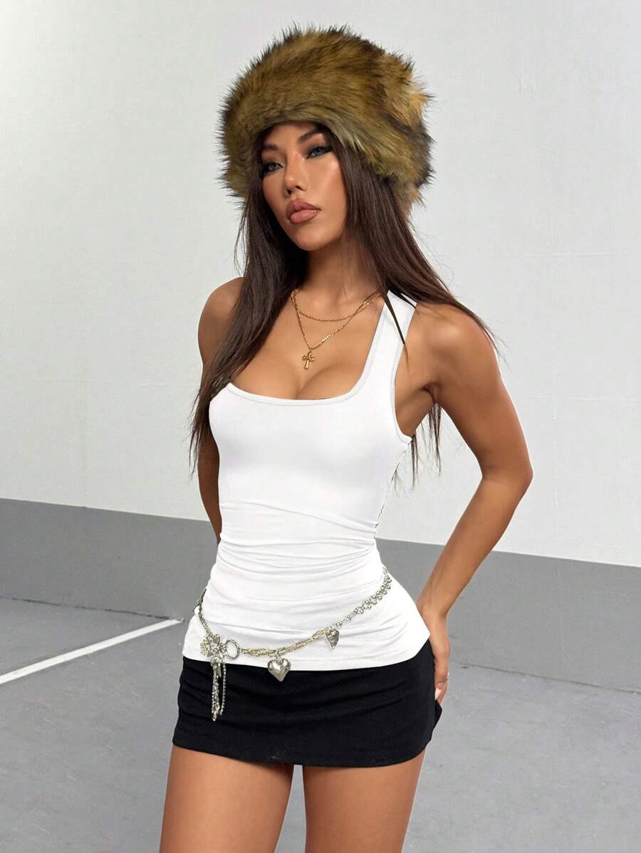 StreetHx 女式复古街头风超大绿色宽松方领无袖背心，修身显瘦