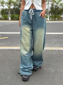 SHEIN EZwear Women's Drawstring Waist Pockets Wide Leg Loose Casual Versatile Jeans