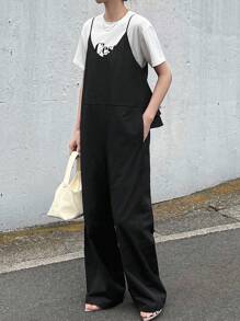 FRIFUL Women's Sleeveless Back Ruffle Trim Casual Jumpsuit, Solid Color Business Casual Fall/Winter Romper - Black - View 2