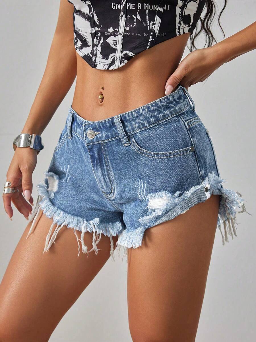 SHEIN ICON Women's Pocket Frayed Edge Casual Versatile Denim Shorts - Medium Wash - View 1