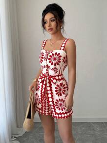 Selianne Áo ba lỗ in họa tiết hoa kỹ thuật số Dopamine màu cam & bộ đồ liền quần ống rộng cho nữ, thời trang & đa năng, trang phục đi nghỉ - Màu Đỏ Sâu - Xem 5