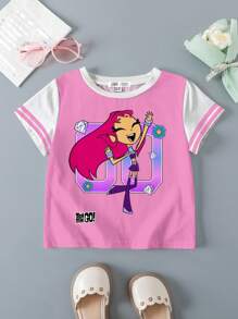 Teen Titans Go X SHEIN Young Girl Colorblock Cartoon Figure Graphic Round Neck Short Sleeve T-Shirt, Summer