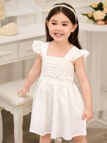 SHEIN Glamorique Kids Young Girls Lace Trim Decor Spaghetti Strap High Waist Formal Dress, Spring/Summer - White - View 5