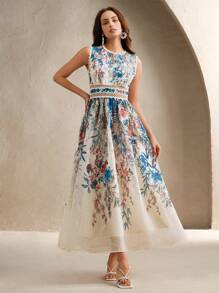 Anewsta 女士印花圆领无袖拼布蕾丝边连衣裙 - 彩色 - 查看 7