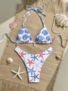 Swim Mod Conjunto de bikini sexy de 2 piezas con sujetador triangular y braga de tiro alto con estampado aleatorio y textura de tela, para vacaciones de verano