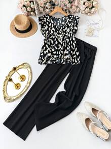 SHEIN LUNE 2pcs/Set Plus Size Casual Leopard Print Top And Pants Set - Black - View 1