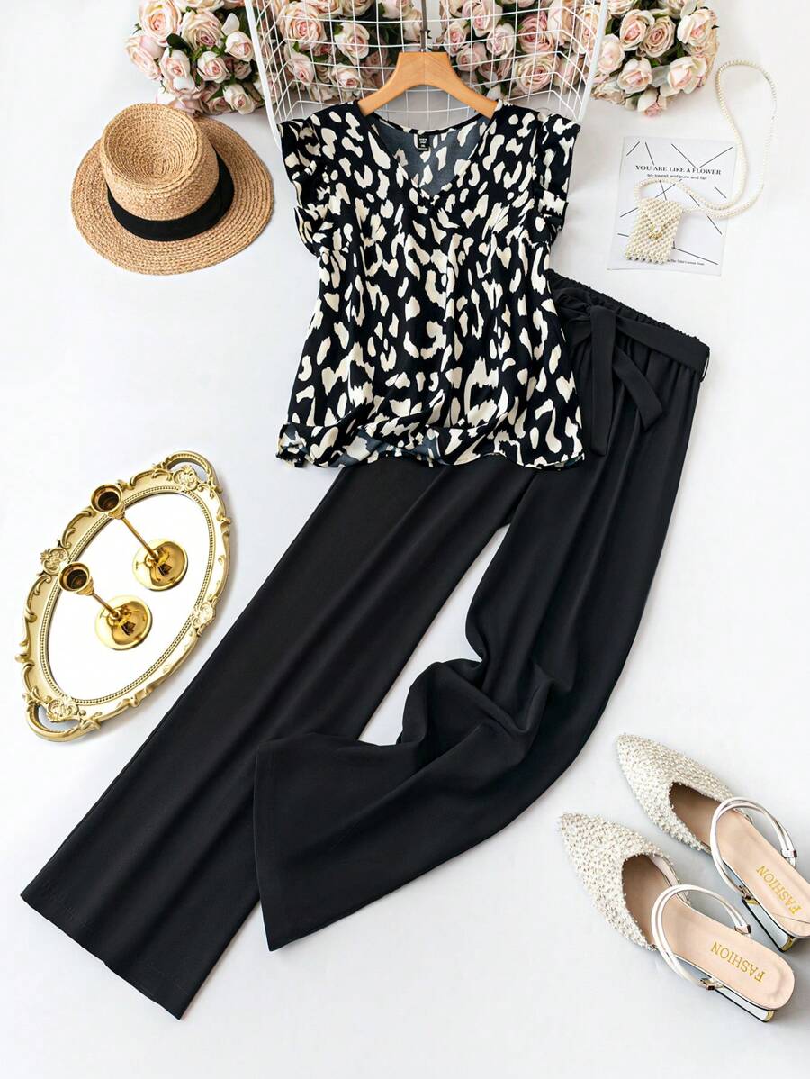 SHEIN LUNE 2pcs/Set Plus Size Casual Leopard Print Top And Pants Set - Black - View 1