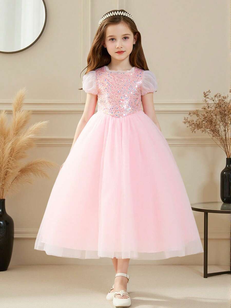 Girls Sequin Insert Puff Sleeve Mesh Hem Gown Dress - Multicolor - View 1