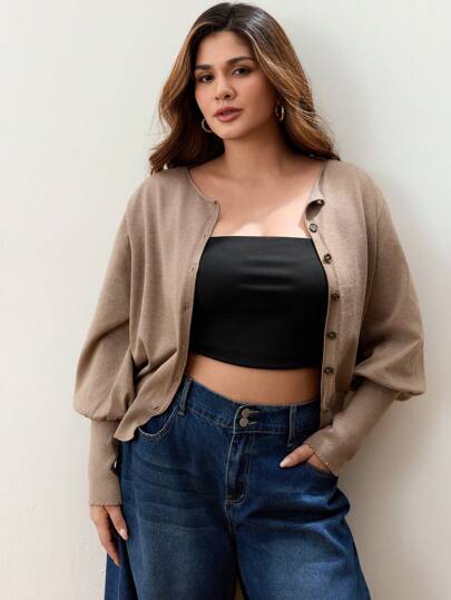 SHEIN BIZwear Cárdigan casual de manga larga y abotonadura simple de unicolor para mujer talla grande