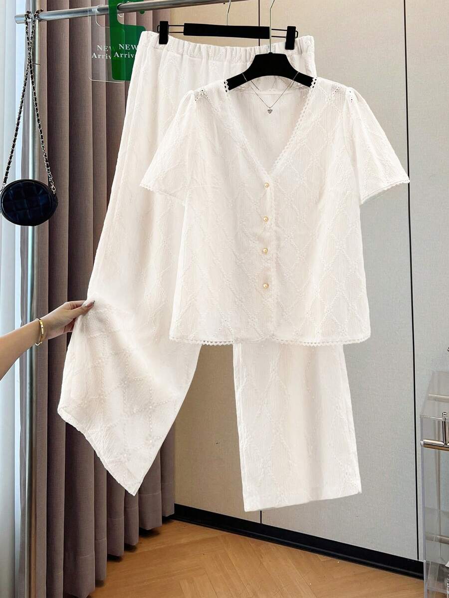SHEIN LUNE Plus Size Elegant Jacquard Knit Lace Trim Casual Office Wear Daily Jacket & Pants 2 Pieces Set, Suitable For Party, Afternoon Tea, Spring & Summer - White - View 1