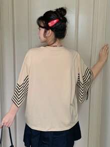 Dazy Plus Raglan Batwing Sleeve Contrast Stripe Patchwork Loose Round Neck Summer T-Shirt - Apricot - View 2