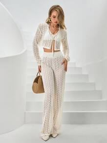 CLARA VERO Elegant Cream Knit Crop Cardigan And Skirt Set Cover Up - White - View 5