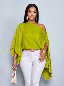 SOLERSUN 女士单肩披肩袖不对称下摆亚麻衬衫 - 綠色 - 查看 7