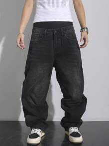 Manfinity Hypemode Plus Size Men's Pocket Decor Loose Wide Leg Casual Versatile Jeans Baggy Jeans Mens